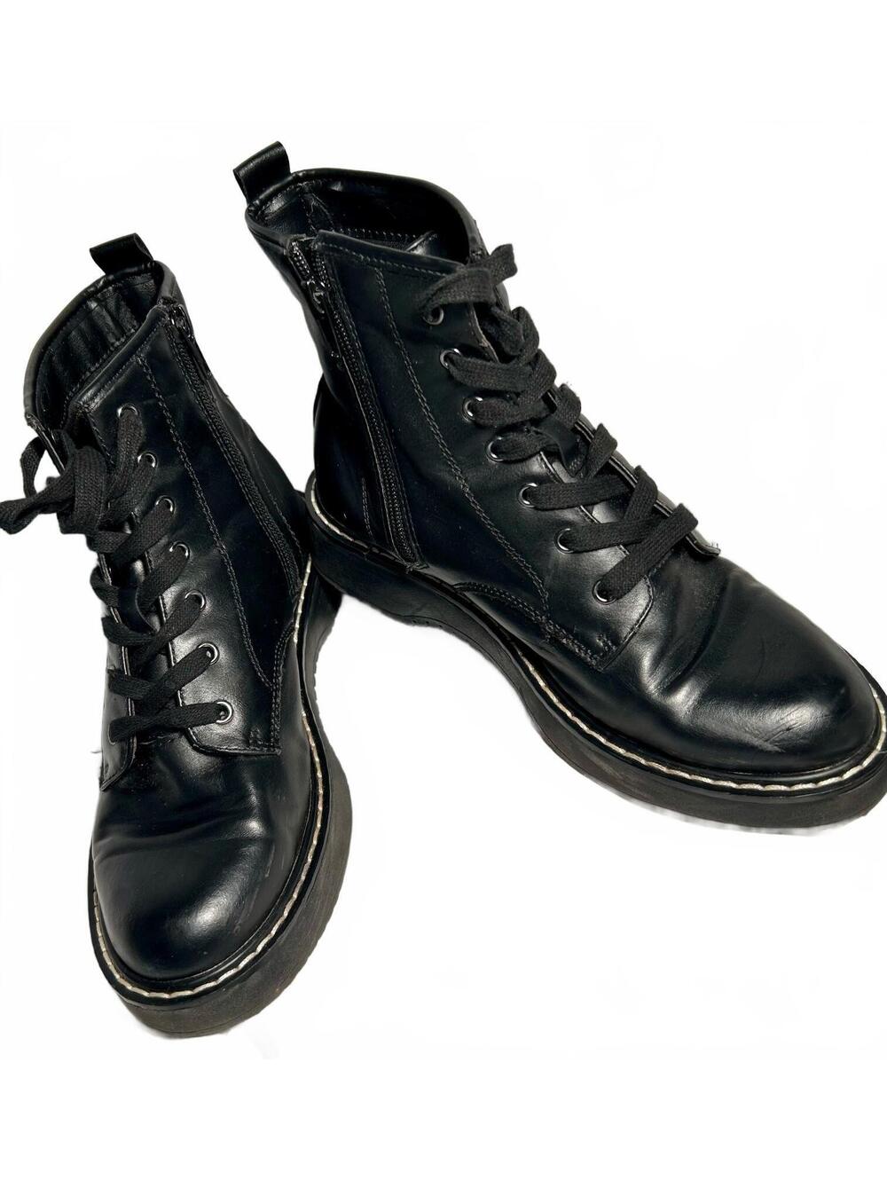 Madden Girl Womens 7 Black Combat Boots Lace Up Side Zip Chunky Platform Grunge